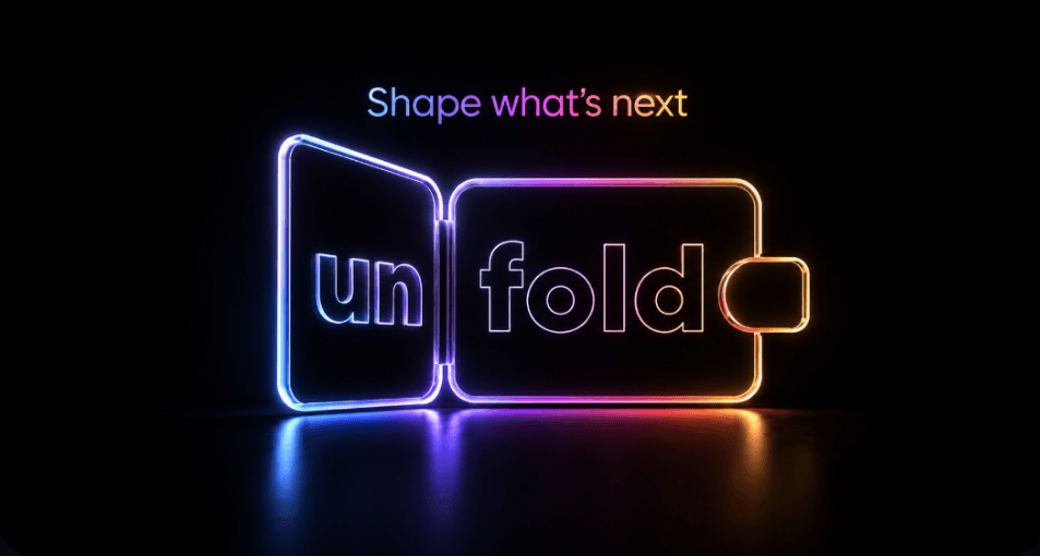 The unfold wordmark in neon on a dark stage, with the line Shape what's next